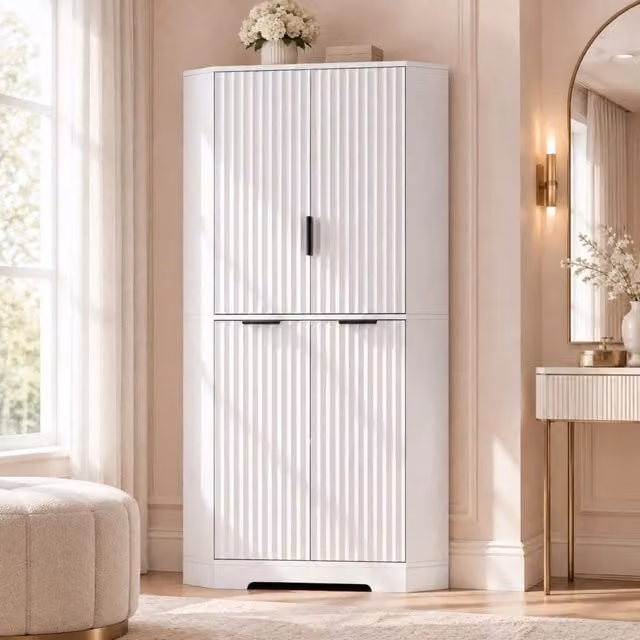 Mobile angolare 4 ante ripiani regolabili a onde design moderno per cucina e soggiorno in MDF bianco 60 × 60 × 172 cm