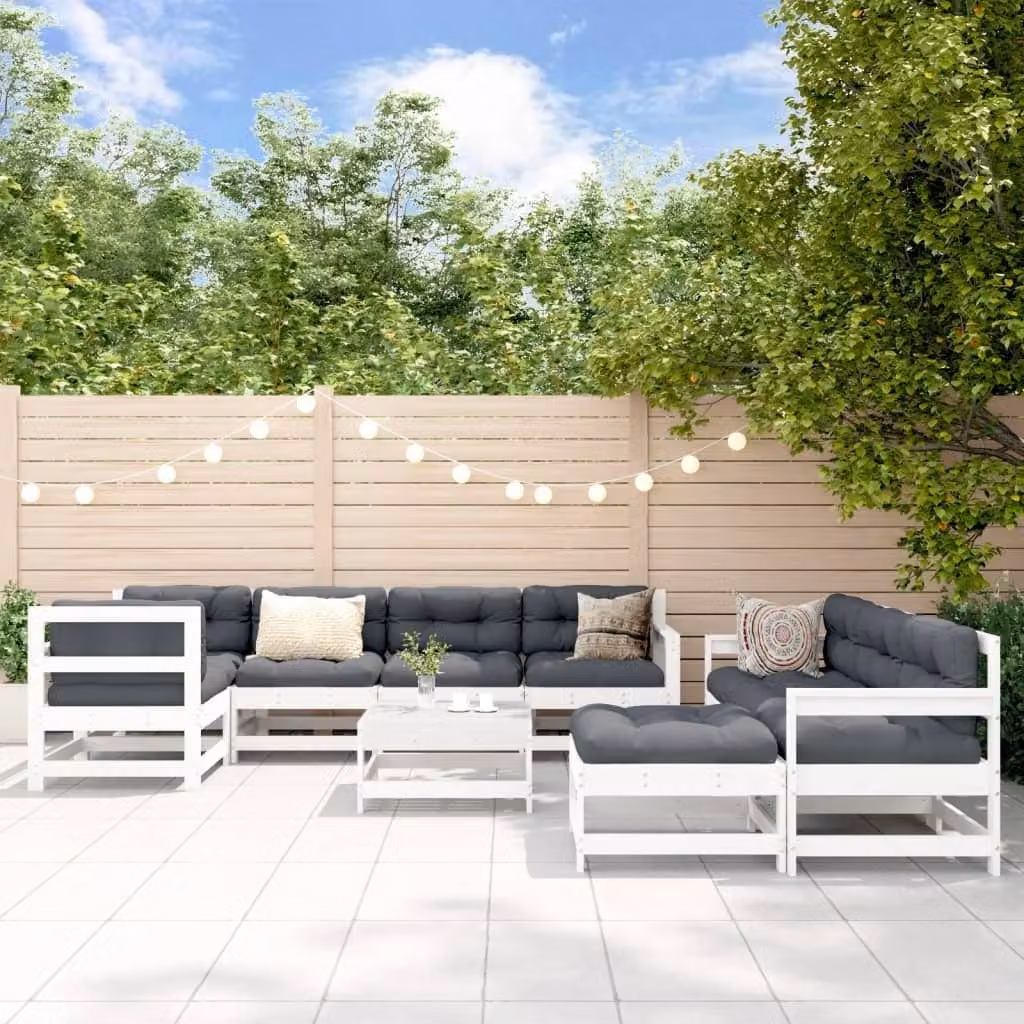 The Living Store Set da giardino da 10 pezzi con cuscini in legno massiccio bianco