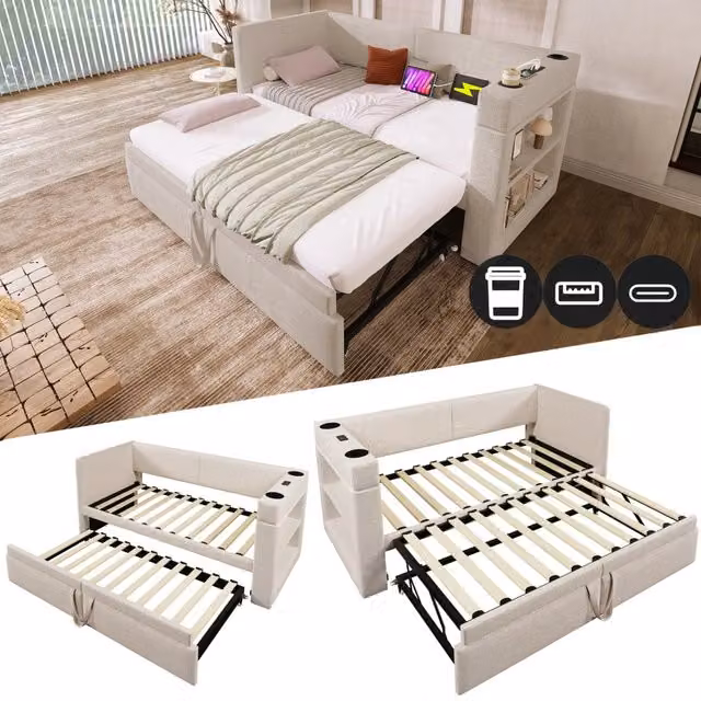 Letto giorno 90x200 estraibile braccioli USB/Type-C portabicchieri lino beige