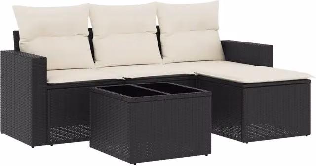 Set Salotto da Giardino Moderno a L con 5 Pezzi DESIGN IN in Polyrattan Nero e Cuscini Bianchi con Struttura in Acciaio Verniciato a Polvere