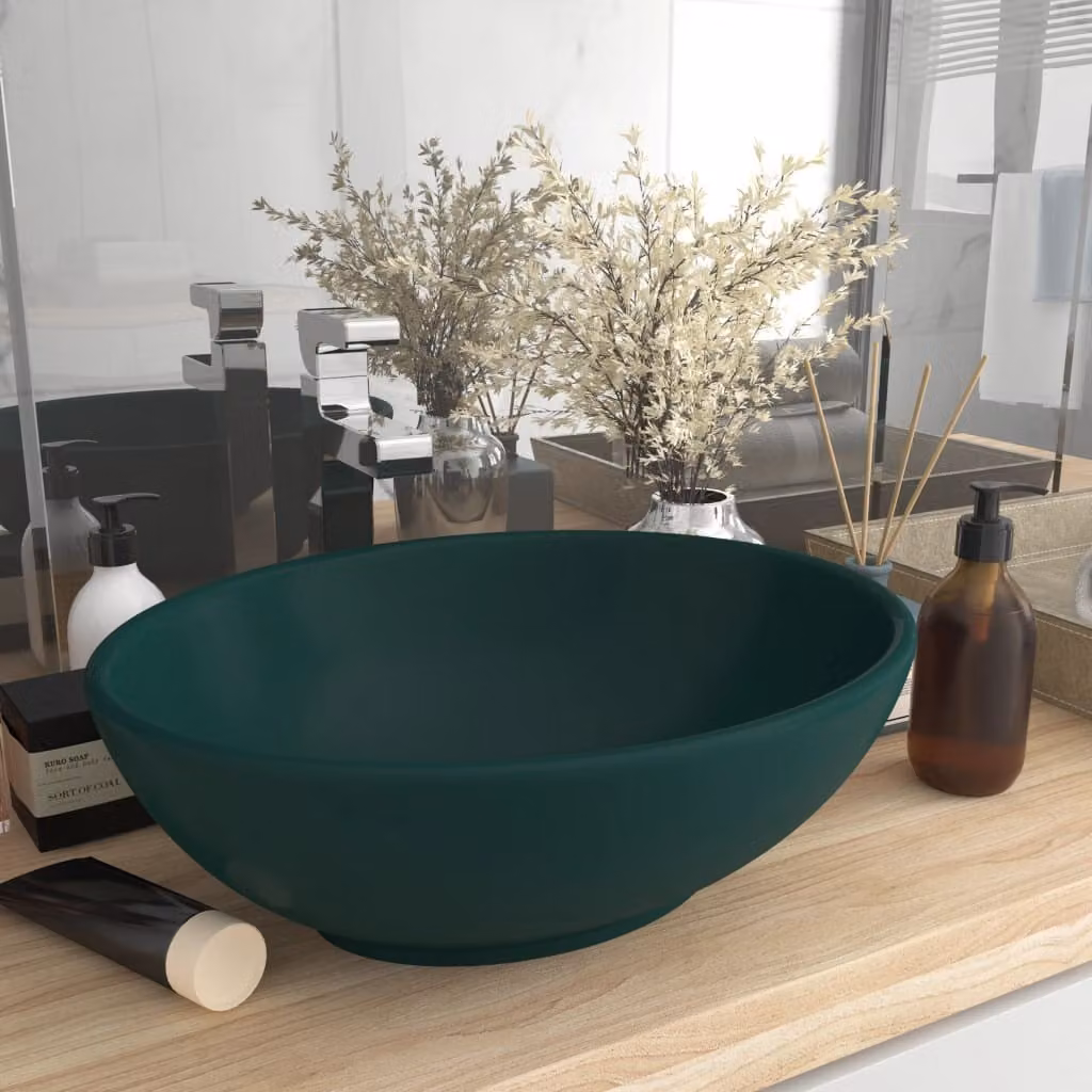 The Living Store Lussuoso lavabo ovale opaco verde scuro 40x33 cm in Vetroceramica