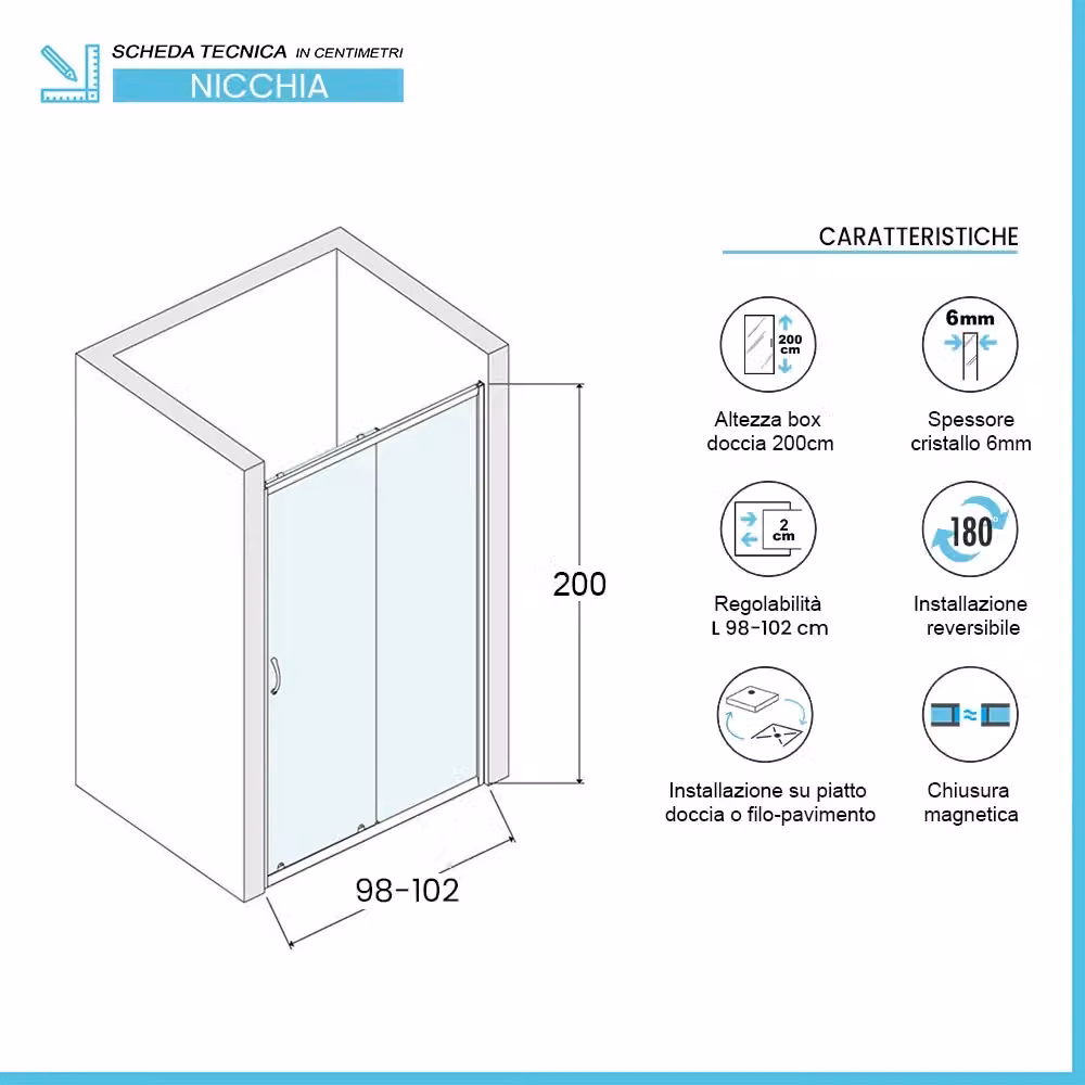 Porta doccia a nicchia scorrevole Ted in cristallo trasparente L: 100 cm, H: 200 cm, P: 6 cm – 2
