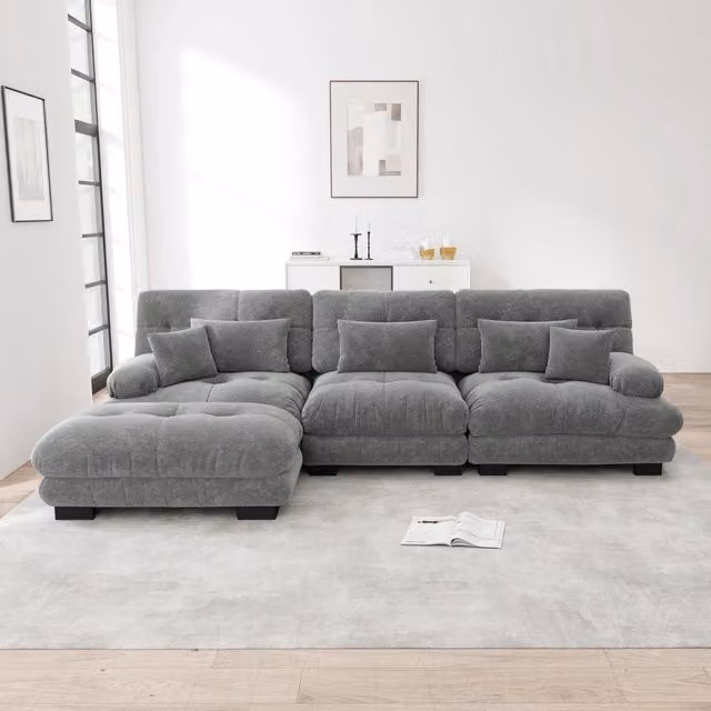 Divano Angolare Modulare MINIMAL con Ottoman in Velluto Grigio e Chaise Longue a Sinistra L/P/H: 180 x 120 x 50 cm