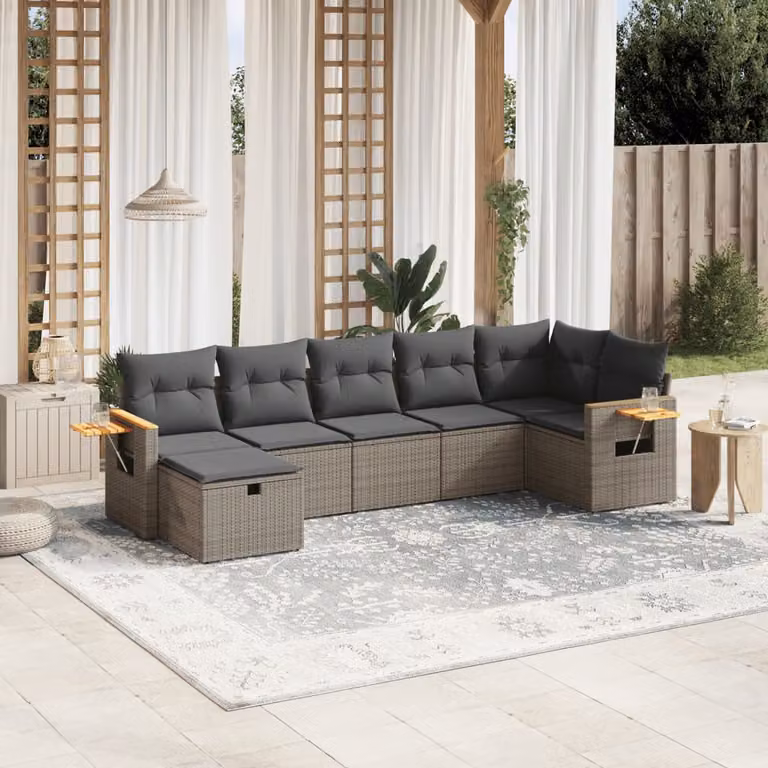 Set di divani da giardino vidaXL a forma di L composto da 7 pezzi con cuscini grigi in polyrattan e struttura in acciaio rivestito in polvere