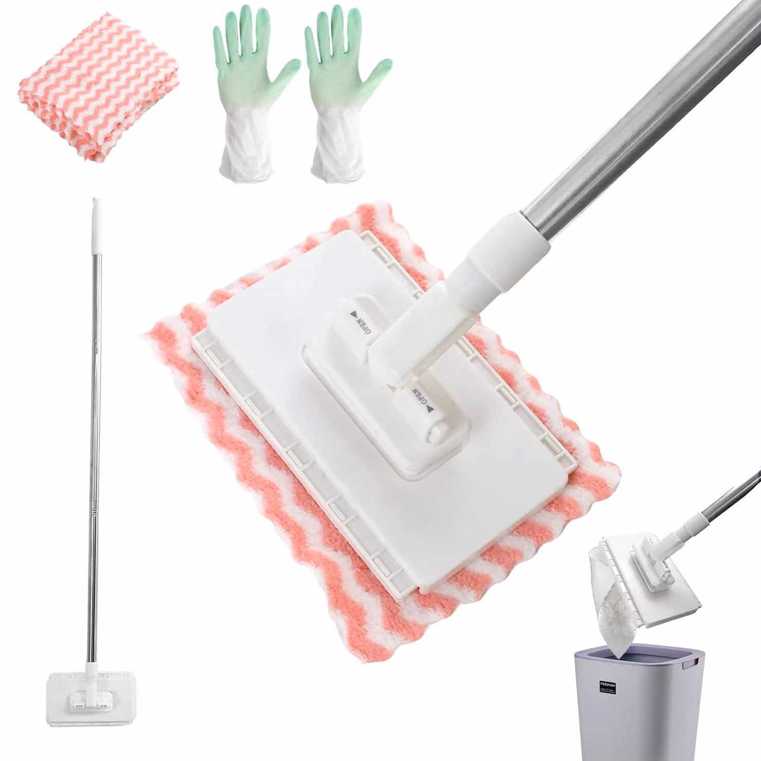 Mocio per pavimenti con sistema di fissaggio a pressione, 10 panni in microfibra, guanti
