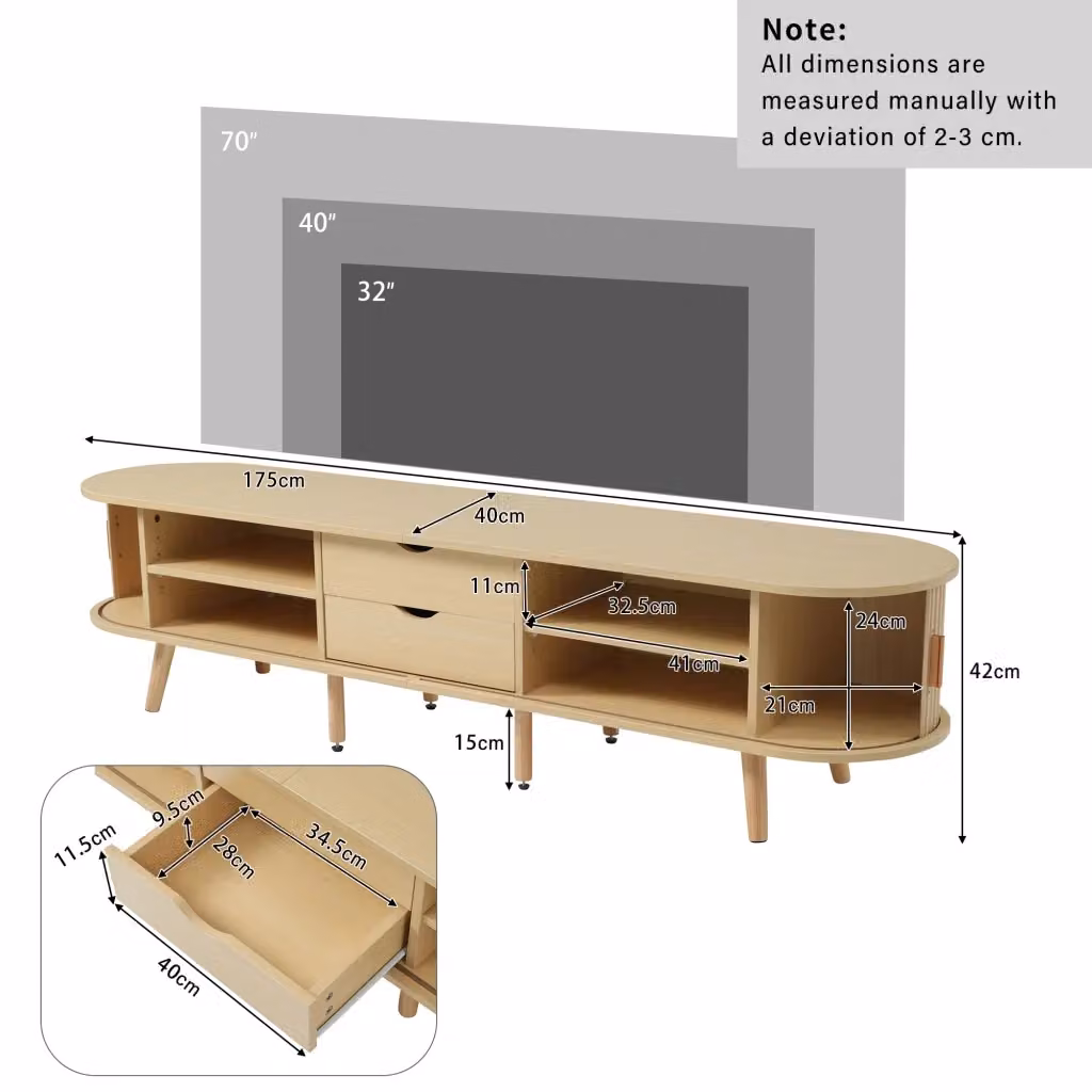 Mobile TV REDOM in MDF color noce chiaro con 2 cassetti e 2 ante scorrevoli, L 170 cm x P 40 cm x H 42 cm – 2