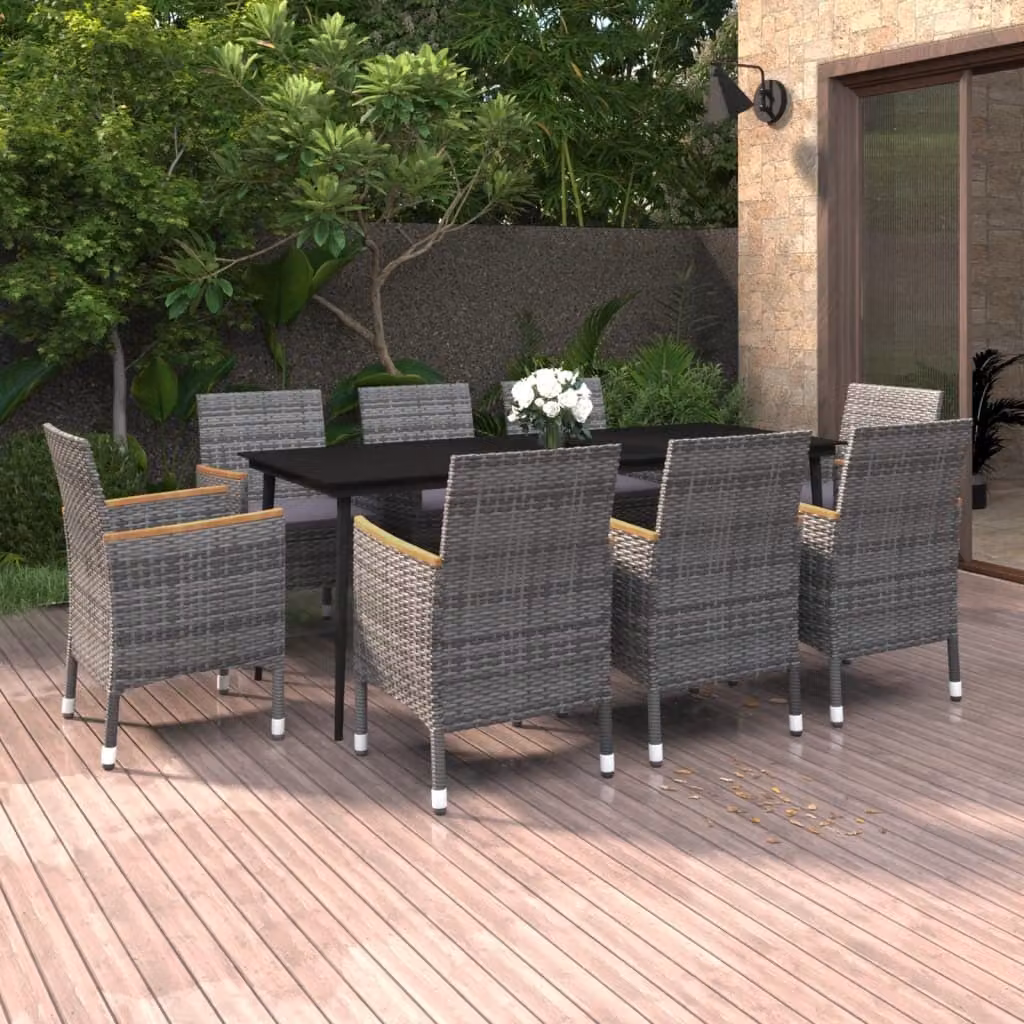 The Living Store Set da pranzo da giardino da 9 pezzi con cuscini in poly rattan e vetro