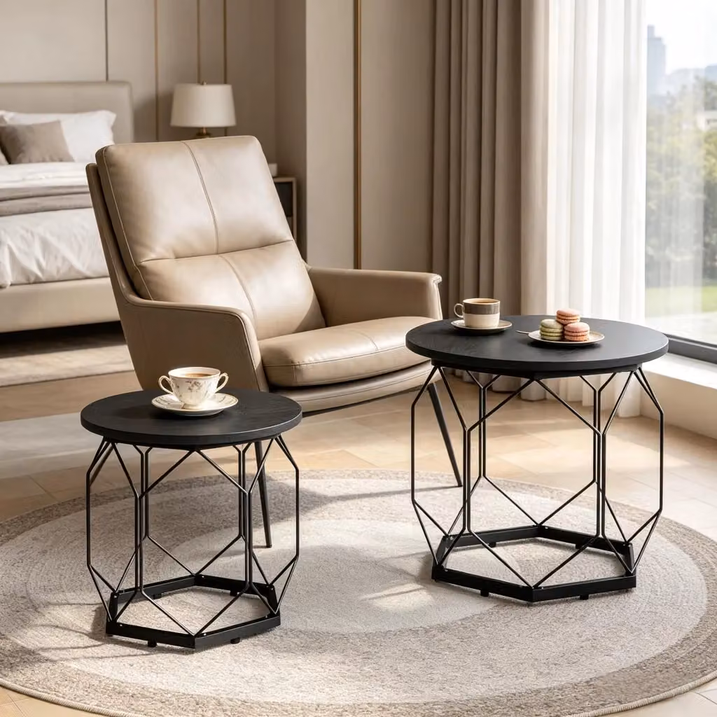 Set di 2 tavolini da salotto rotondi OKWISH in legno e metallo nero con finitura opaca e design moderno – 2