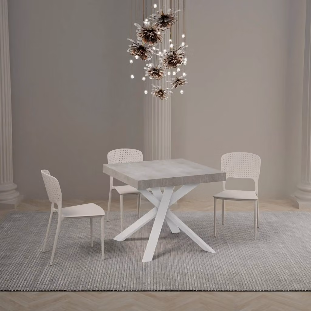 Tavolo Allungabile Clerk GIORDANOSHOP con Piano in Cemento Grigio e Gambe Bianche L/P/H: 90-194 x 90 x 76 cm – 2