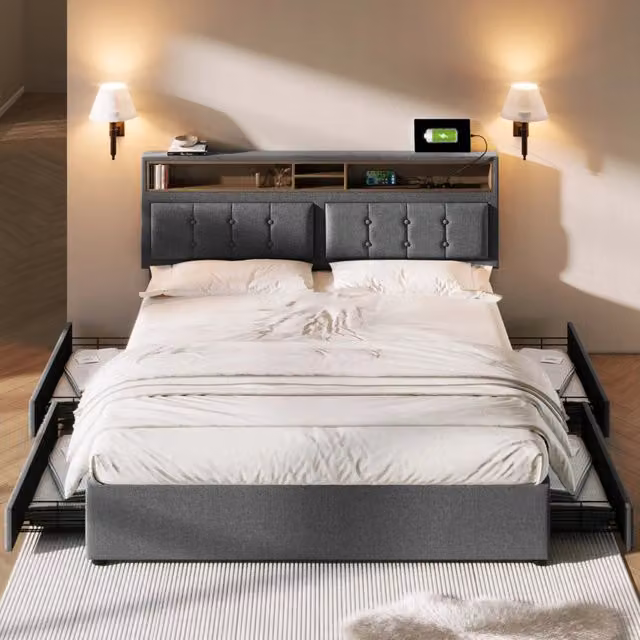 Letto imbottito 140x200 con 4 cassetti e USB - Xylo