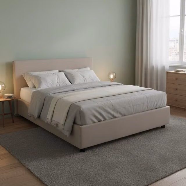 Letto matrimoniale contenitore Alvacus con rivestimento in tessuto beige, apertura a sollevamento, adatto per materasso 140x200 cm