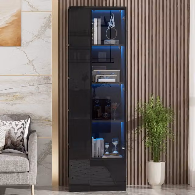 Vetrina con anta in vetro e cassetto, LED dimmerabile e vano aperto per soggiorno, nero, 50×35×160 cm