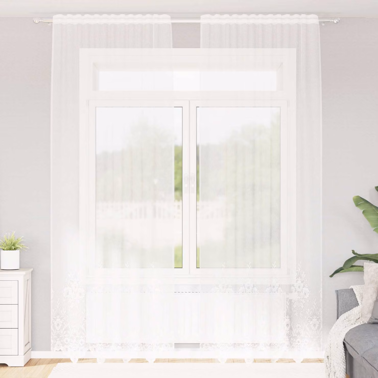 Tenda in pizzo bianca vidaXL con motivo floreale in poliestere, semitrasparente, L: 280 cm x H: 150 cm