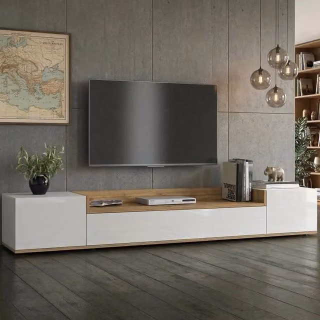 Oxanna, Mobile Porta tv 3 Ripiani Made in Italy, 200x35x30h cm Bianco Lucido