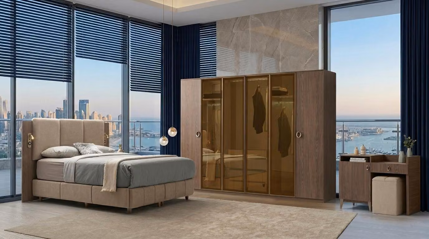 Set per camera da letto marrone: letto imbottito, armadio elegante, comò