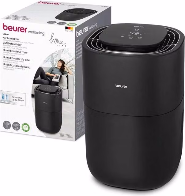 Umidificatore Beurer LB 200 Nero con tecnologia di evaporazione a freddo per ambienti fino a 30 m², 3 livelli di velocità, display digitale e funzioni timer, sleep mode e auto mode
