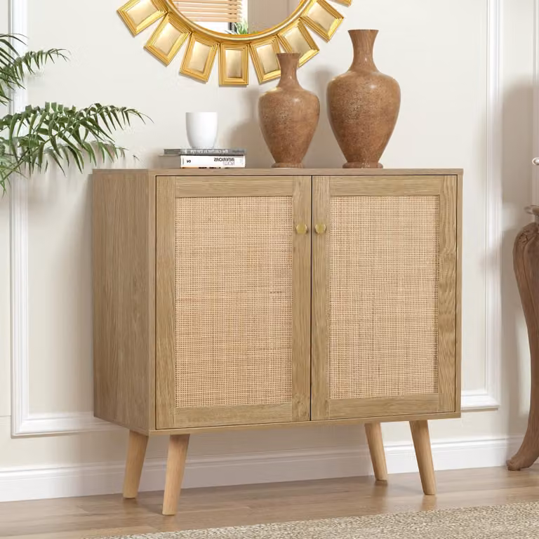 Mobiletto da cucina con piano di lavoro e ante in rattan, dimensioni 80x35x79 cm