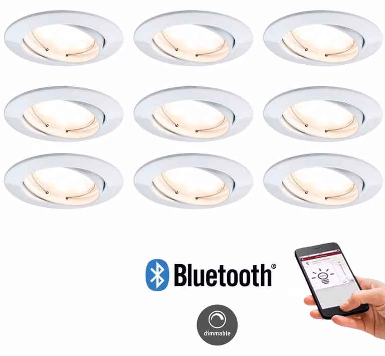Set da 9 faretti da incasso Bluetooth, bianco caldo, orientabili, Paulmann Koplett Set: 9x 5,2 W LED, 400 lumen ciascuno = 40 W, 2700 Kelvin, dimmerabili, compatibili con la domotica