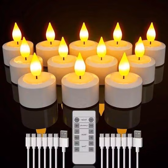 Ghirlande luminose a LED – Candele telecomandate con timer e cavo di ricarica USB – 12 pezzi, identiche a quelle vere, per la camera da letto, l'illuminazione degli ambienti, le decorazioni di Halloween e Natale