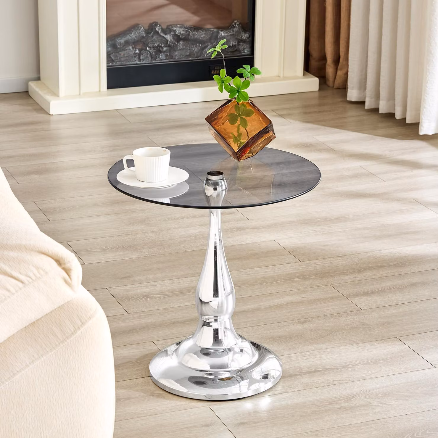 Tavolino laterale rotondo, in vetro, con piano in vetro temperato, base stabile, design compatto, tavolino da divano (colore argento)