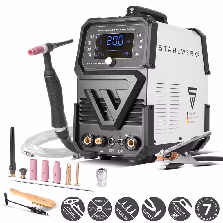 STAHLWERK saldatrice ad arco schermato AC/DC TIG 200 Puls Pro Digital - Inverter combinato con 200 A, funzione MMA, funzione impulsi e spot, per alluminio e lamiere sottili