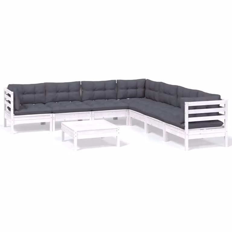Set Divani da Giardino 8 pz con Cuscini Bianchi Legno di Pino
