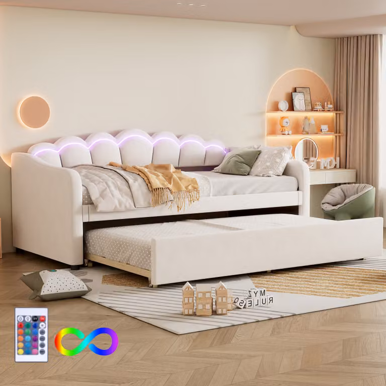 Letto imbottito Abrihome 90x200cm, letto singolo con sottopiano estraibile, daybed con rete a doghe e luce ambiente cambia colore, beige