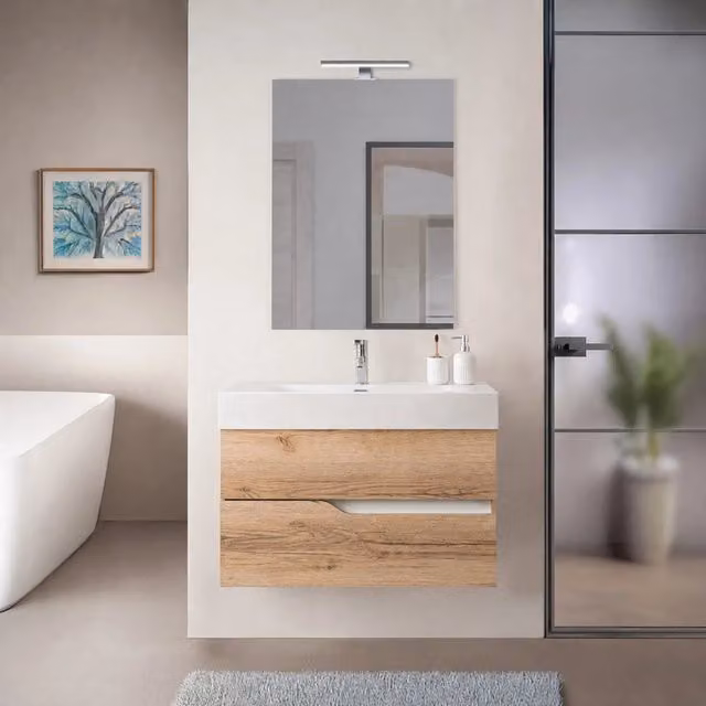 Mobile bagno sospeso 80cm quercia e bianco con lavabo in resina Sumya