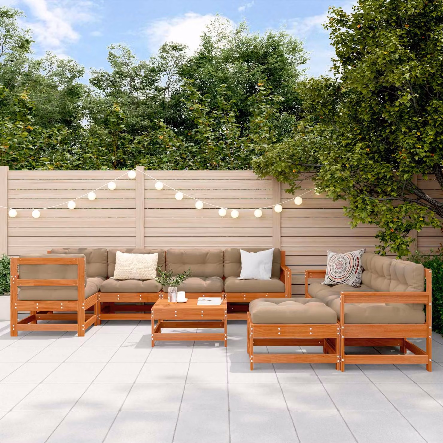 Set Lounge da Giardino vidaXL 10 Pezzi in Legno di Pino Cerato Marrone con Cuscini e Tavolino da Caffè