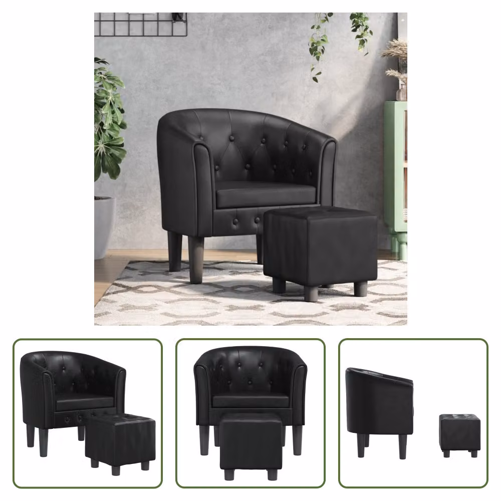 The Living Store Sedia club con poggiapiedi in ecopelle nera