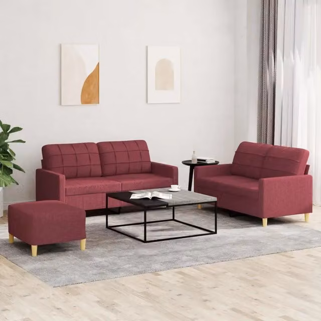 Set di divani 3 pezzi vidaXL in tessuto rosso con cuscini per soggiorno in stile moderno