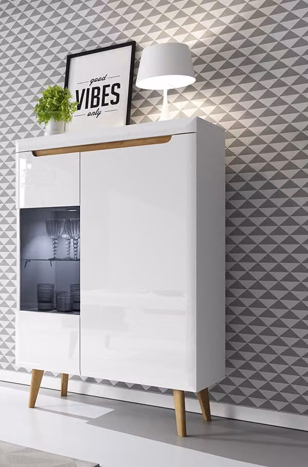 Vetrina da salotto 90cm bianco lucido rovere riviera