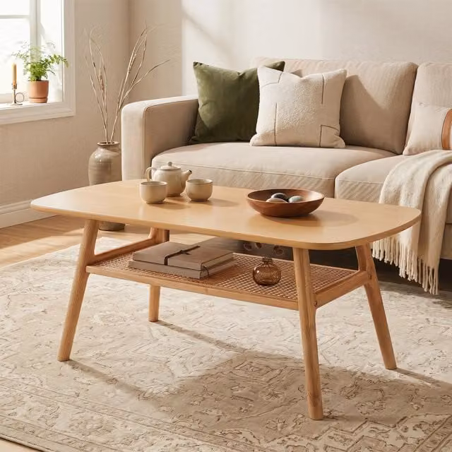 Tavolo da caff¨¨ a 2 livelli con ripiano aperto in rattan e piedini antiscivolo, Tavolino basso quadrato per soggiorno e camera da letto Naturale
