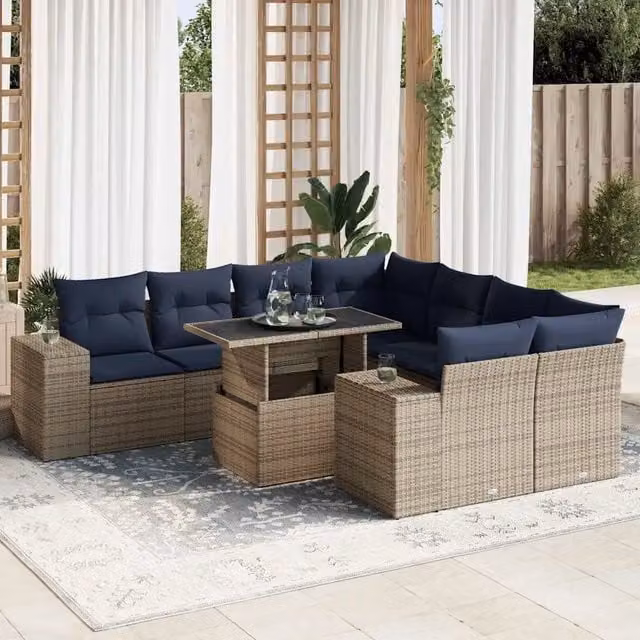 Set Divano da Giardino 9pz con Cuscini Grigio Polyrattan Acacia 3326772