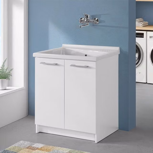 Mobile lavatoio Revine con due ante e vasca in ceramica Dolomite bianca L: 75 cm, P: 61 cm, H: 85 cm