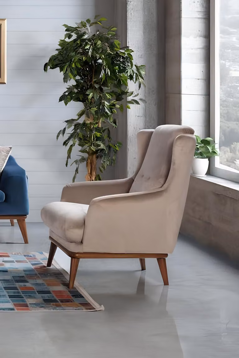 Sessel 1 Sitzer Beige Einsitzer Wohnzimmer Sofa Textil Design Stil Holz