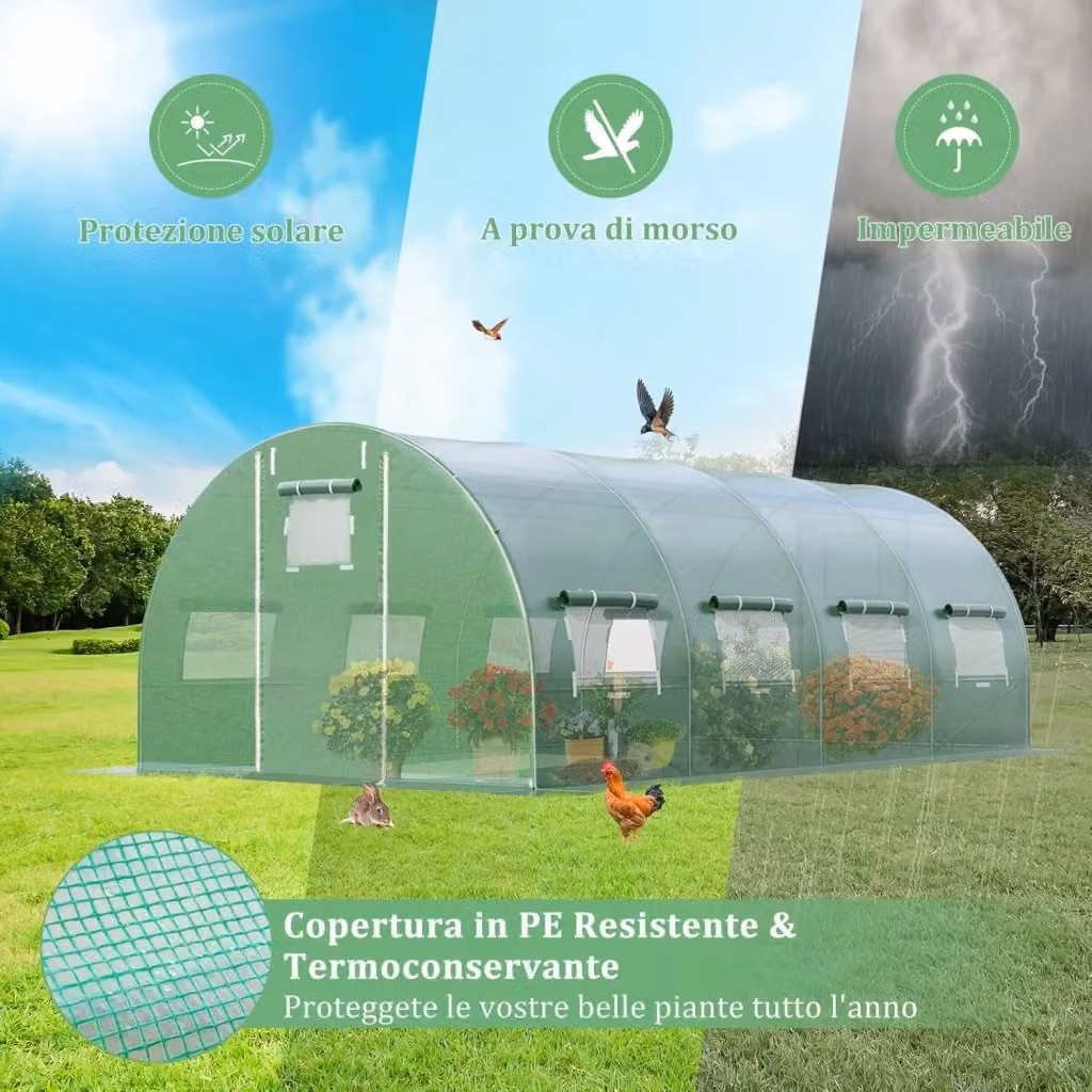 Costway Serra Tunnel per Orto e Giardino Verde con Struttura in Acciaio Zincato, 10 Finestre e 2 Porte con Cerniera, L/P/H: 600 x 300 x 200 cm – 2