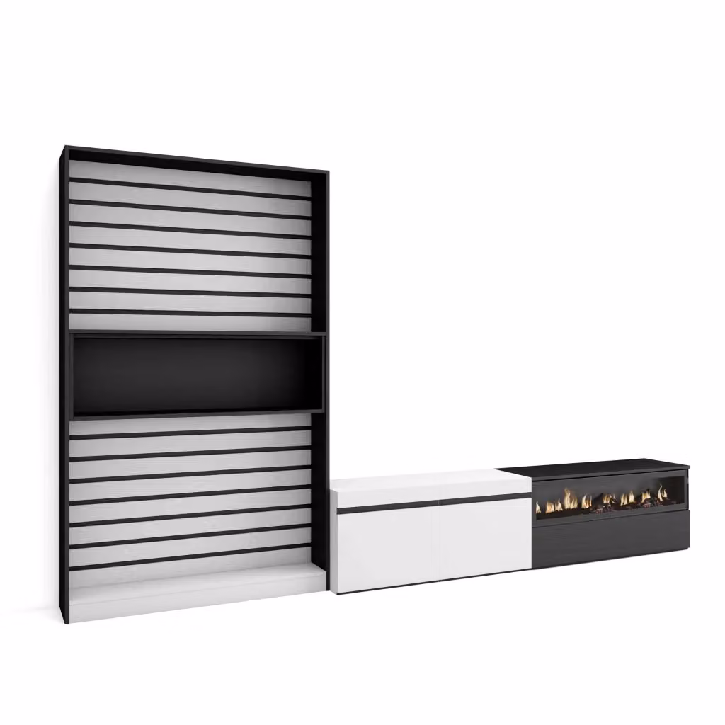Mobile TV per soggiorno Skraut Home con camino elettrico, Bianco e nero, L: 310 cm, P: 35 cm, H: 186 cm – 2