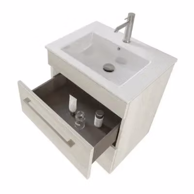 Mobile bagno sospeso Smart bianco e legno con lavabo, specchio e illuminazione LED – 2