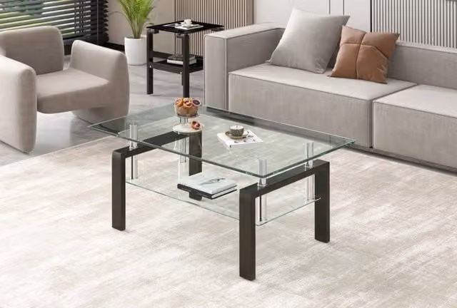 Tavolino da caffè 100x60x44 cm in vetro temperato e metallo con ripiano -