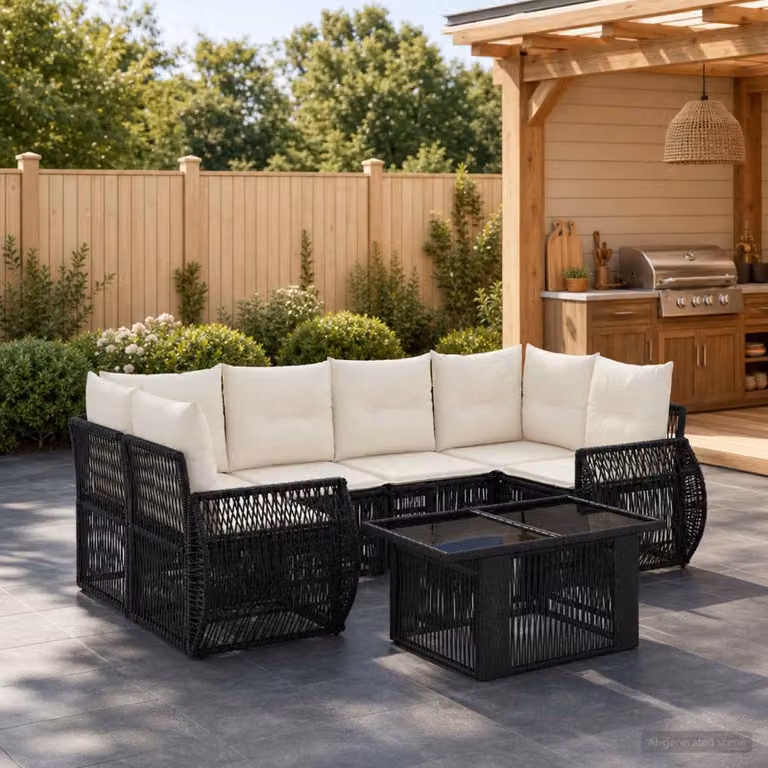 Set Divano da Giardino vidaXL 7 pz in Polyrattan Nero e Bianco Crema con Cuscini e Tavolino in Vetro