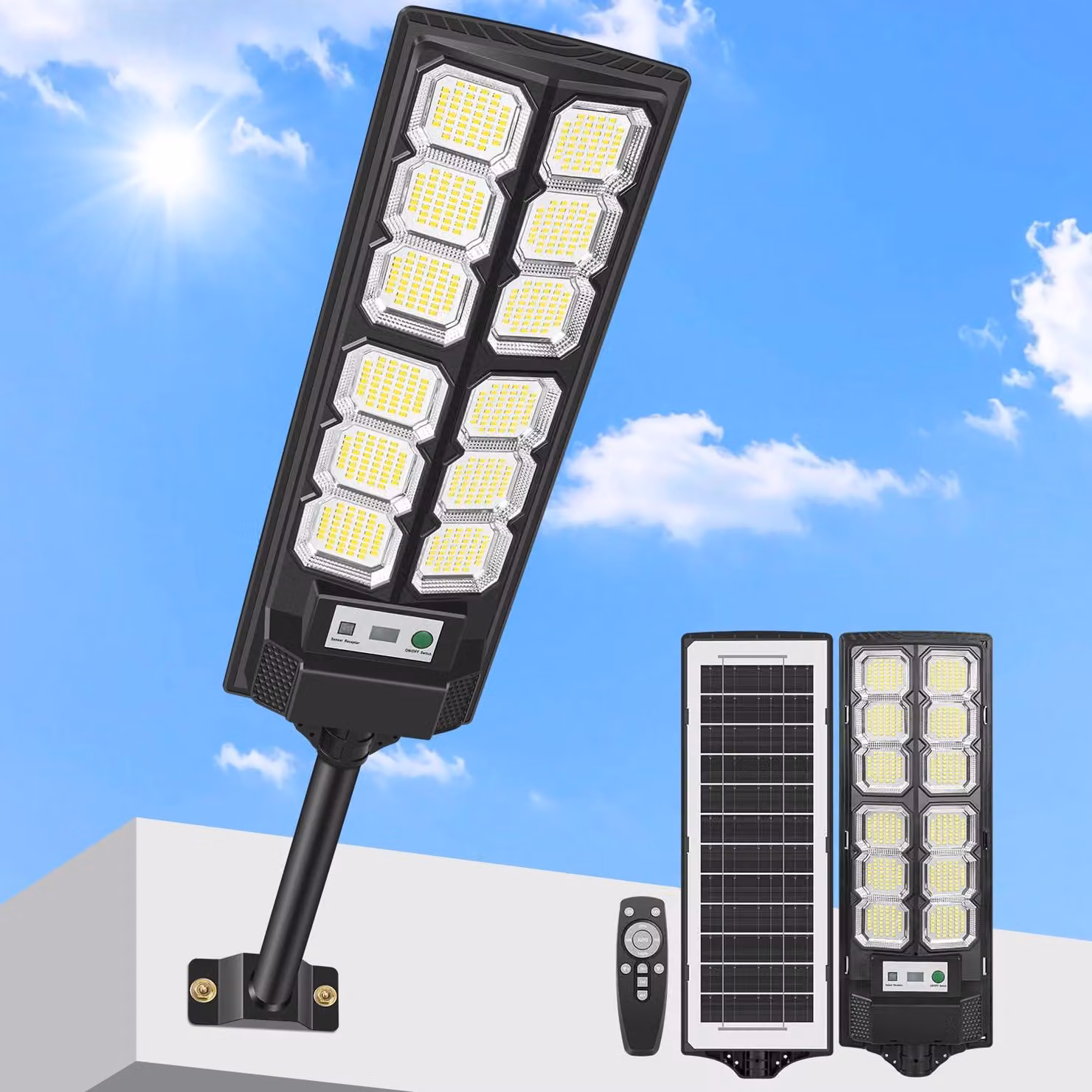 Lampione solare con 528 LED, temperatura di colore 6500K, dotato di sensore di movimento, grado di protezione IP67
