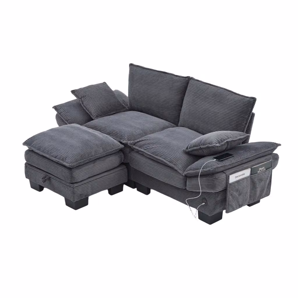 Divano modulare Chicfurn a L da 2 posti con contenitore, ricarica USB e tasche laterali in velluto a coste grigio, L/P/H: 190 x 132 x 84 cm – 2