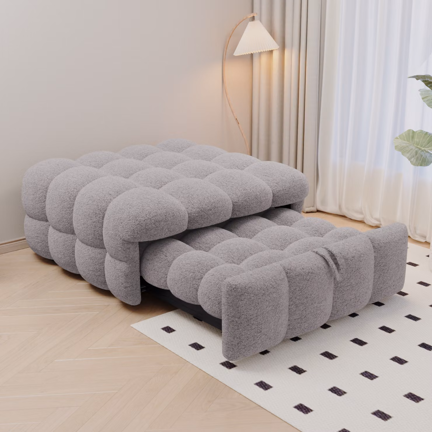 Letto imbottito STILVORA con poggiapiedi 2-in-1, divano letto con meccanismo estraibile, letto singolo rivestito in tessuto bouclé, colore grigio