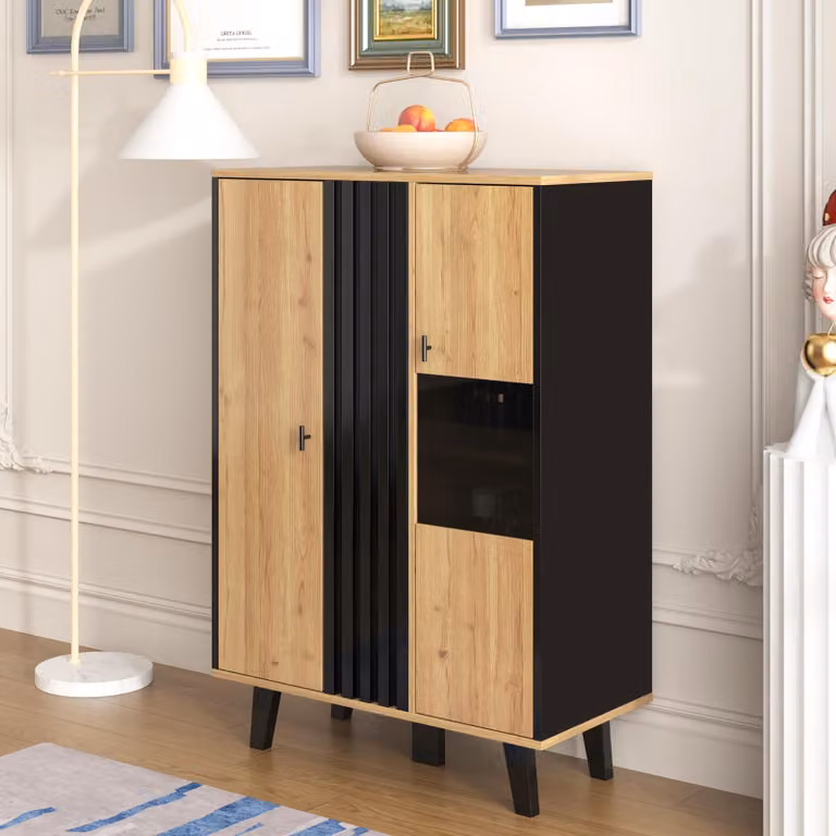 Armadi laterali, credenze, vetrine Sweiko con vetro e illuminazione a LED. Contiene laminati, una combinazione di colori nero e legno, un design unico a strisce di legno nero