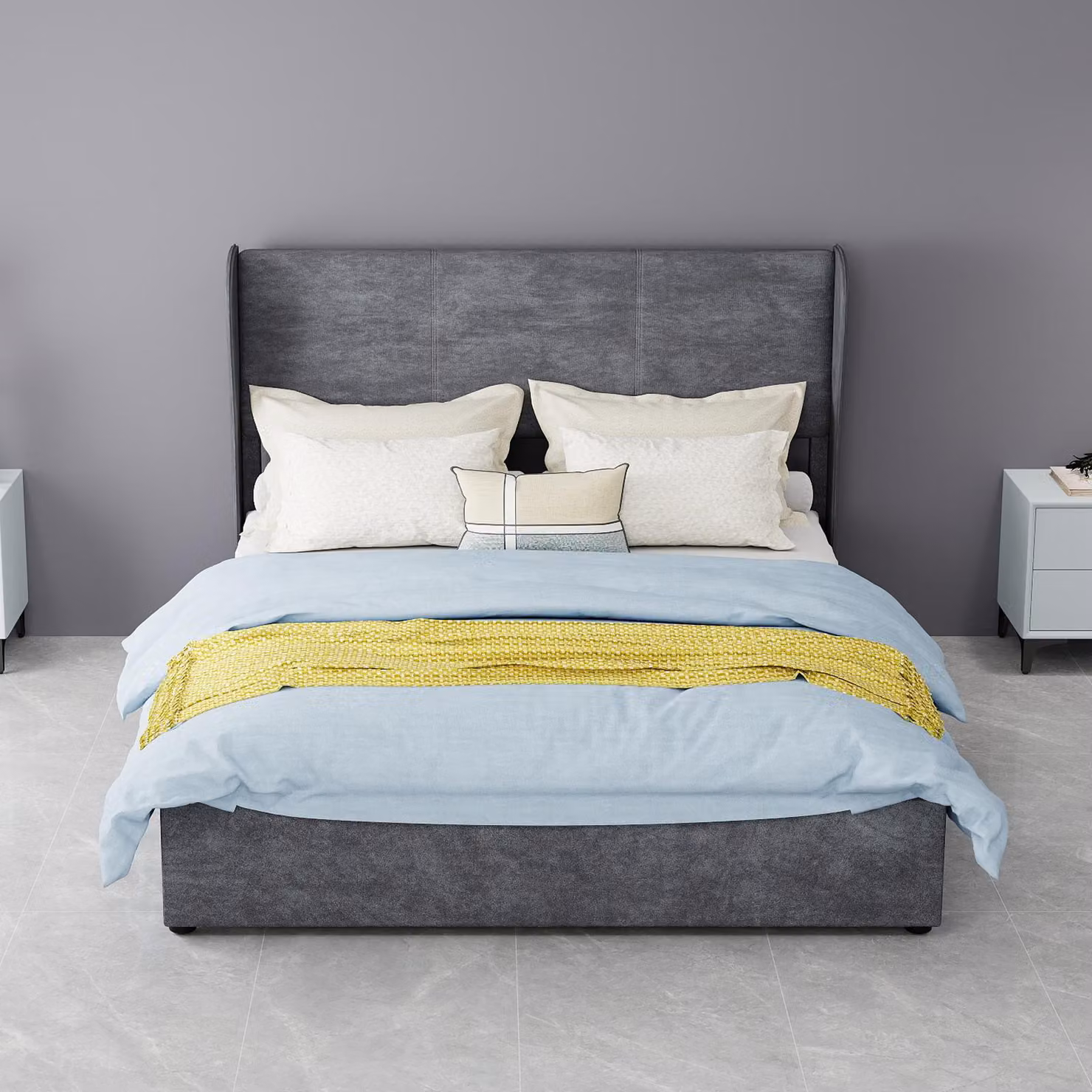 Letto imbottito 140x200 cm, grigio, con spazio contenitore a sollevamento idraulico, porta USB di tipo C e illuminazione LED a 3 lati, struttura del letto in cotone per la camera da letto