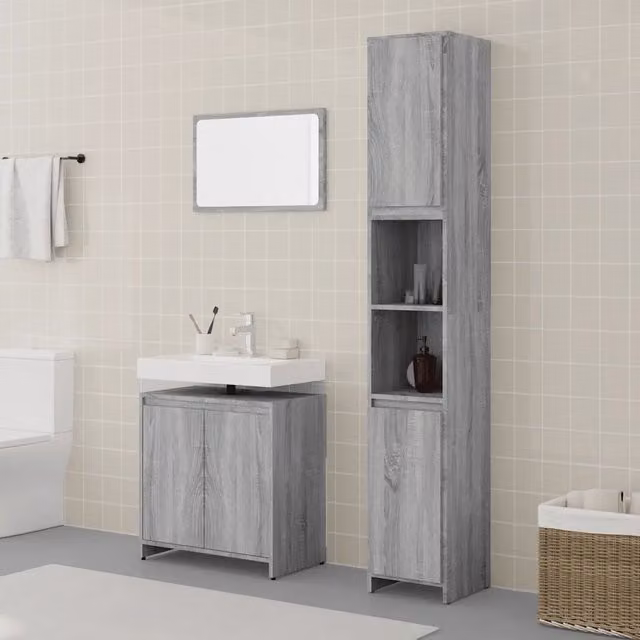 Set Mobili da Bagno 3 Pezzi vidaXL Grigio Moderno con Armadietto Specchio, Mobile Alto e Mobile Lavabo