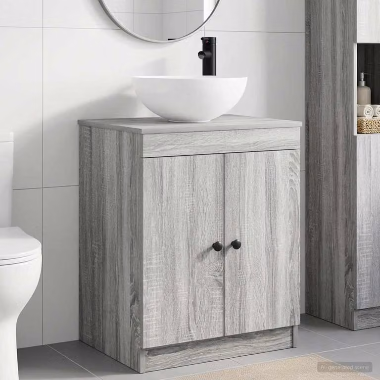 Set di mobili per il bagno vidaXL moderno in legno ingegnerizzato e metallo grigio e nero con vanità e ante a cerniera