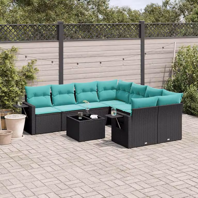 Set Divano da Giardino a L vidaXL 9 pz in Polyrattan con Cuscini e Tavolino da Esterno Nero