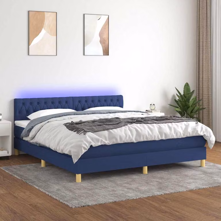 Letto Ibrido vidaXL con Materasso, Illuminazione LED Blu e Porte USB, Tessuto Bianco e Blu, L/P: 160 x 200 cm